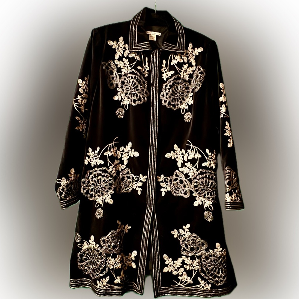Peter Nygård Black Velvet Embroidered Coat Dress Size 14